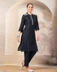 Solid A-Line Poly Viscose Kurta with Embroidery & Palazzo