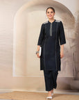 Solid A-Line Poly Viscose Kurta with Embroidery & Palazzo