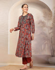 Floral Printed Flared Modal Chanderi Kurta with Embroidery & Palazzo