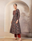 Floral Printed Flared Modal Chanderi Kurta with Embroidery & Palazzo