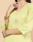 Floral Embroidered Straight Viscose Rayon Kurta Set with Lace Dupatta