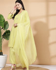 Floral Embroidered Straight Viscose Rayon Kurta Set with Lace Dupatta