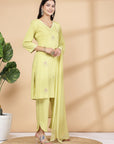 Floral Embroidered Straight Viscose Rayon Kurta Set with Lace Dupatta