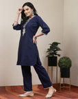 Solid Straight Kurta with Floral Embroidery & Palazzo Set
