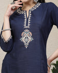 Solid Straight Kurta with Floral Embroidery & Palazzo Set