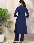 Solid Straight Cotton Linen Kurta Set with Geometric Embroidery