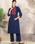 Solid Straight Cotton Linen Kurta Set with Geometric Embroidery