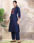 Solid Straight Cotton Linen Kurta Set with Geometric Embroidery