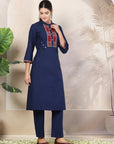 Solid Straight Cotton Linen Kurta Set with Geometric Embroidery