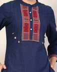 Solid Straight Cotton Linen Kurta Set with Geometric Embroidery