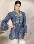 Paisley Printed Flared Poly Chiffon Top with Embroidery