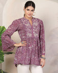 Paisley Printed Flared Poly Chiffon Top with Embroidery