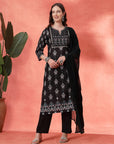 Floral Printed Straight Kurta Set with Embroidery & Dupatta