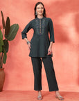 Solid A-Line Cotton Kurta Set with Embroidery & Palazzo