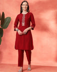 Solid Straight Viscose Rayon Kurta Set with Ethnic Embroidery