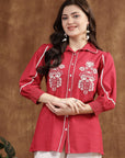 Cherry Cotton Top with Shirt Collar & Floral Embroidery