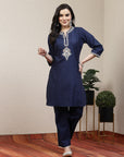 Solid Straight Kurta with Floral Embroidery & Palazzo Set