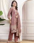 Geometric Printed A-Line Poly Chanderi Kurta Set with Dupatta