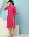 Floral Printed Silk Blend Kurta with Zari Embroidery & Button Placket