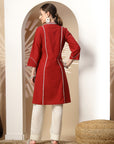 Chikankari-Inspired Embroidered Red Kurta Set with Pocketed Palazzo