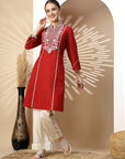 Chikankari-Inspired Embroidered Red Kurta Set with Pocketed Palazzo