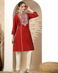 Chikankari-Inspired Embroidered Red Kurta Set with Pocketed Palazzo