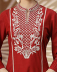 Chikankari-Inspired Embroidered Red Kurta Set with Pocketed Palazzo