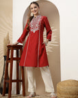Chikankari-Inspired Embroidered Red Kurta Set with Pocketed Palazzo