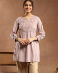 Ethnic Embroidered Kurti in Lavender with Smocked Sleeves