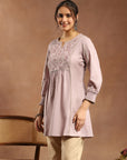 Ethnic Embroidered Kurti in Lavender with Smocked Sleeves