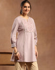 Ethnic Embroidered Kurti in Lavender with Smocked Sleeves