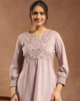 Ethnic Embroidered Kurti in Lavender with Smocked Sleeves
