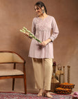 Ethnic Embroidered Kurti in Lavender with Smocked Sleeves