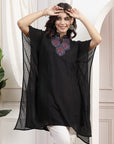 Solid A-Line Rayon Kaftan Kurta with Embroidered Yoke & Flared Sleeves