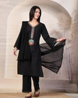 Zari Embroidered Cotton Linen Kurta Set with Palazzo & Lace Chiffon Dupatta