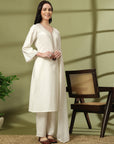 Zari Embroidered Cotton Linen Kurta Set with Palazzo & Lace Chiffon Dupatta
