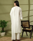 Zari Embroidered Cotton Linen Kurta Set with Palazzo & Lace Chiffon Dupatta