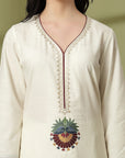 Zari Embroidered Cotton Linen Kurta Set with Palazzo & Lace Chiffon Dupatta