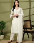 Zari Embroidered Cotton Linen Kurta Set with Palazzo & Lace Chiffon Dupatta
