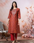 Floral Printed Modal Kurta with Zari Yoke & Solid Palazzo Set