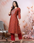 Floral Printed Modal Kurta with Zari Yoke & Solid Palazzo Set