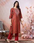 Floral Printed Modal Kurta with Zari Yoke & Solid Palazzo Set