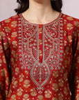 Floral Printed Modal Kurta with Zari Yoke & Solid Palazzo Set