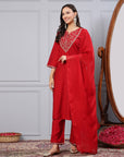 Zari Embroidered Modal Kurta Set with Organza Dupatta & Flared Sleeves