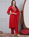 Zari Embroidered Modal Kurta Set with Organza Dupatta & Flared Sleeves