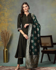 Solid Flared Silk Kurta Set with Banarasi Jacquard Dupatta