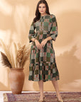 Tiered Rayon Flared Dress with Sequin Embroidered Yoke & Mandarin Collar