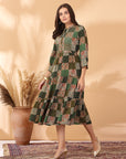Tiered Rayon Flared Dress with Sequin Embroidered Yoke & Mandarin Collar
