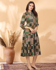 Tiered Rayon Flared Dress with Sequin Embroidered Yoke & Mandarin Collar