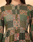 Tiered Rayon Flared Dress with Sequin Embroidered Yoke & Mandarin Collar